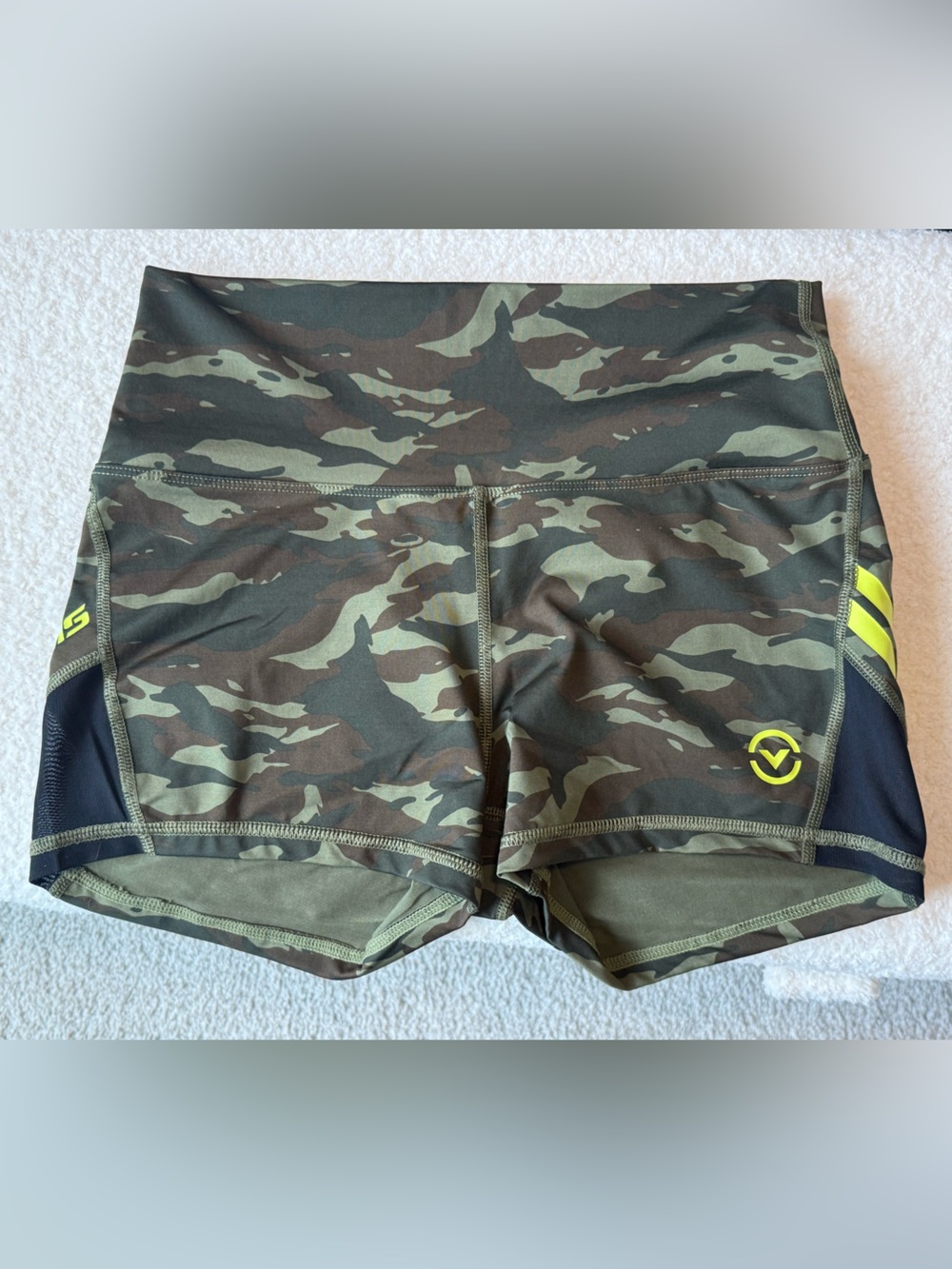Virus camo green booty shorts, size small